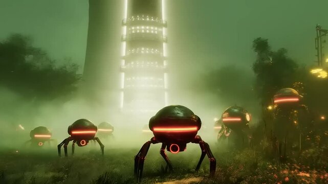Futuristic mechanical crawlers on a misty overgrown alien planet surveillance
