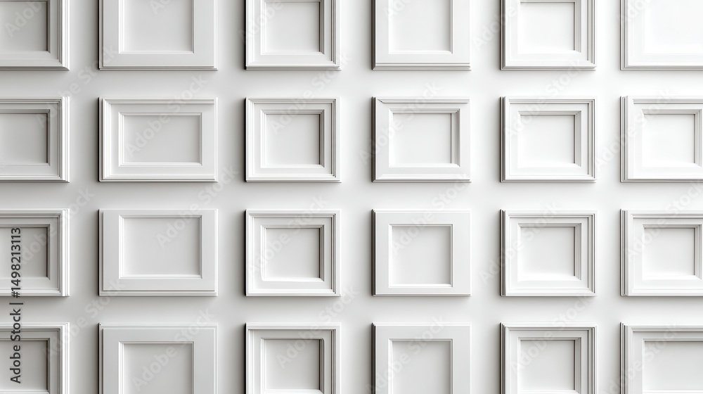 Poster white rectangular frames hanging symmetrically on pristine wall, forming minimalist geometric patter