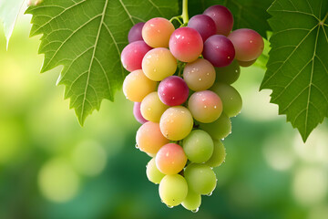 Vibrant Multi-Colored Grapes on Vine with Water Droplets