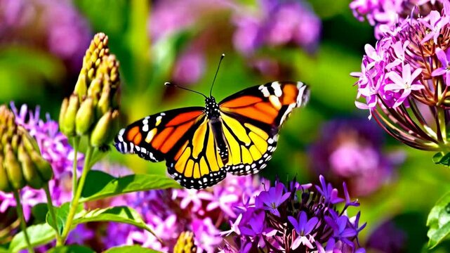 Monarch butterfly feeding on vibrant purple Pentas flowers in a sunlit garden, orange and yellow wings with intricate patterns, closeup view, nature photography