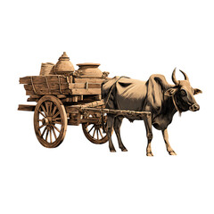 Fototapeta premium Illustration of a bull pulling a wooden cart loaded with containers on a white background