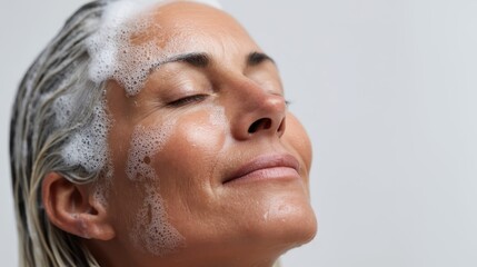 Naklejka premium Mature woman experiencing peaceful skincare routine, soap foam covering face and hair, eyes closed, embodying relaxation and personal wellness moment