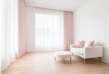 Fototapeta premium A white couch sitting in a living room next to a window.