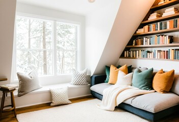 Fototapeta premium A white couch sitting under a window next to a window.