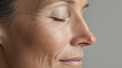 Senior woman's serene profile revealing deeply etched wrinkles, capturing graceful aging and timeless beauty of mature skin with soft shadows and tender details
