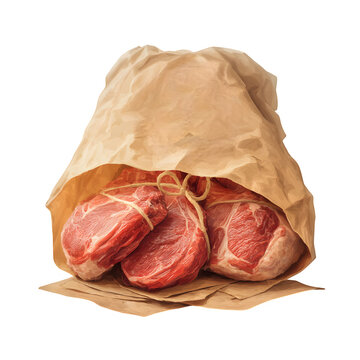 Three raw meat cuts tied with string inside a brown paper bag on a brown paper surface