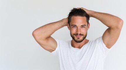 Professional portrait of bearded man with short brown hair, adjusting hair with hands while smiling softly against clean white backdrop
