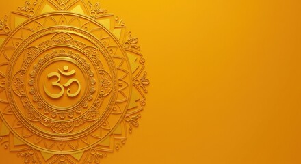 Om symbol mandala with ornate floral design on vibrant yellow background, spiritual sacred geometry, Indian traditional pattern, divine meditation emblem, religious symbol of energy