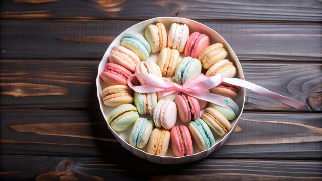 A close-up of colorful macarons arranged in a circular white box, tied with a delicate pink ribbon, set against a rustic wooden background. - Powered by Adobe