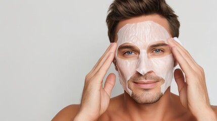 Muscular male wearing white sheet mask, performing skincare routine, revealing fresh faced grooming approach for maintaining healthy, glowing complexion