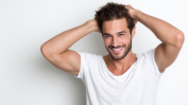 Professional studio portrait showing attractive male model running fingers through hair, displaying confident smile against pristine white backdrop highlighting youthful energy