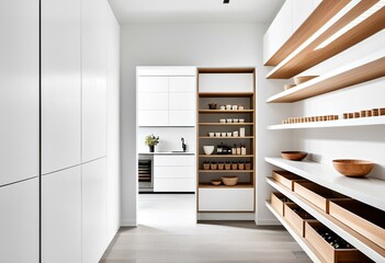 Fototapeta premium A walk in pantry with white cabinets and wooden shelves.