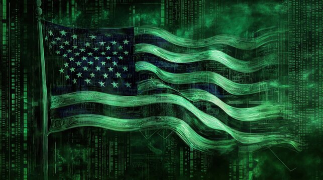 Patriotic American flag in digital Matrix style with flowing green data code