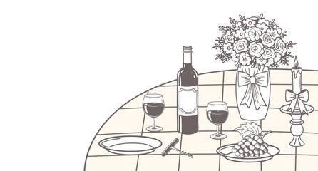 Romantic dinner table. Banner with champagne, candles and roses on table for birthday or wedding invitations. Hand drawn sketch illustration.