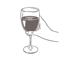 Hand holding a glass of red wine. Festive hand drawn sketch illustration.