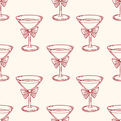 Seamless pattern with elegant martini glasses with bows. Festive background. Hand drawn sketch illustration.