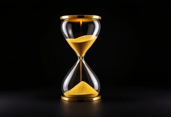 An hourglass with sand on a black background.