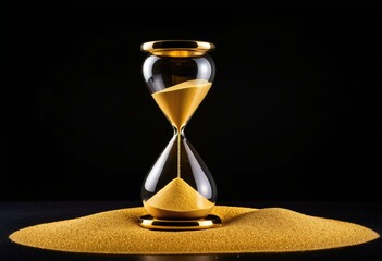 An hourglass with sand on a black background.