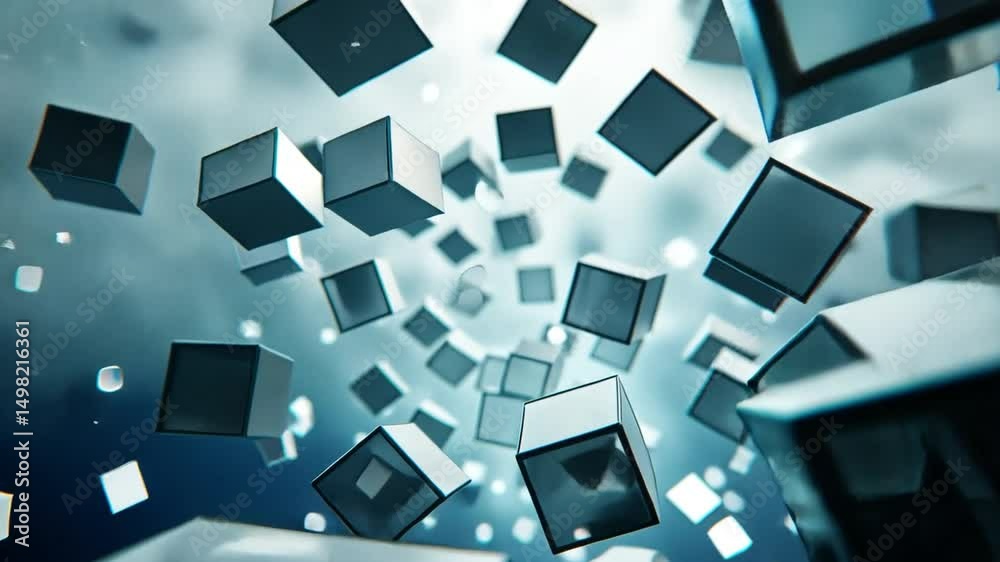Poster dynamic 3d design of floating abstract cubes reflective geometric composition with depth and movemen