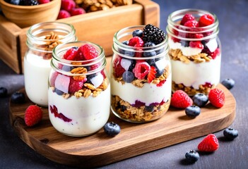 A wooden tray topped with two jars filled with granola and berries.