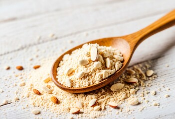 A wooden spoon filled with oats on top of a wooden table.
