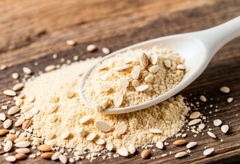 A wooden spoon filled with oats and sunflower seeds.