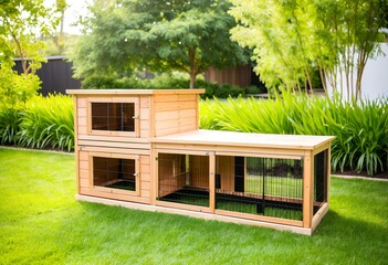 A wooden rabbit hutch with two rabbits inside of it.