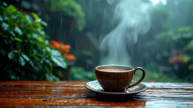 Hot coffee cup on wooden table with steam rising during rain. Cozy beverage for relaxing rainy day mood and peaceful atmosphere.