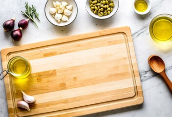 A wooden cutting board topped with garlic and olive oil.