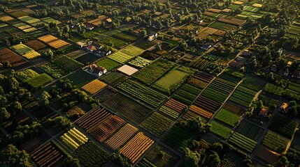 Fototapeta premium An aerial view of diverse farmlands with geometric crop patterns