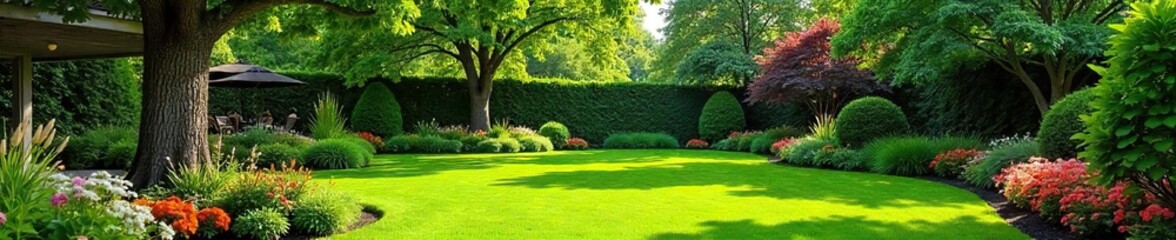 Naklejka premium Serene backyard oasis featuring lush green lawn, vibrant flowerbeds, and mature trees providing ample shade Perfect for relaxation and outdoor entertaining , blossom, outdoor
