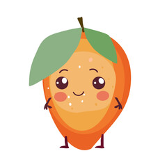  Cute Mango cartoon character with cup of tea,orange fruit ,Funny mascot of mango with happy smile vector illustration isolated on transparent background