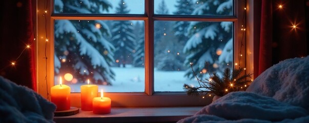 Cozy winter scene with flickering candlelight illuminating a snowy landscape viewed from a warm window  Perfect for holiday, winter, and hygge themes , candlelight, winter wonderland, flame