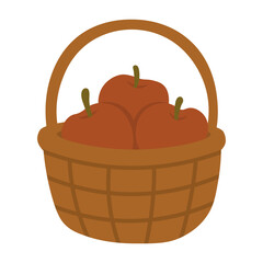 Small basket filled with red apples, flat cartoon illustration in warm autumn harvest style.
