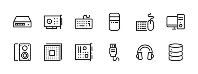 Computer Hardware Line Icon Set Device, Technology, PC Components, Server, and Electronics icon