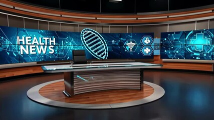 Video frame displaying health news studio with DNA helix animation, high-tech background, and digital screen setup ideal for medical or science reporting