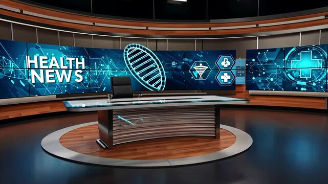 Video frame displaying health news studio with DNA helix animation, high-tech background, and digital screen setup ideal for medical or science reporting