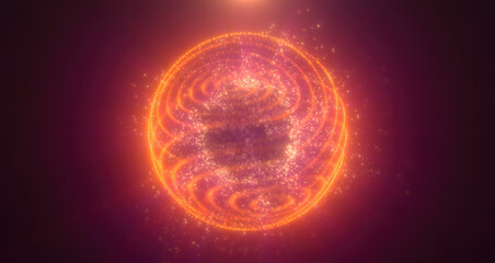 A golden spiral energy sphere structure with green particles, radiating cosmic power in a dark futuristic background, resembling a vortex or abstract force field