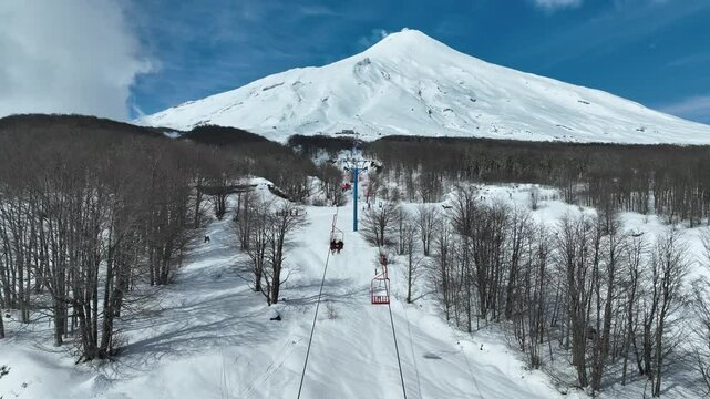 Ski Station At Villarrica Volcano Pucon Chile. Skier Skiing Downhill On Empty Ski Slopes In The Mountains. Outdoor Tourism Icon Patagonia Glacier. Snow Covered Aerial View Floresta.