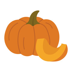 Whole orange pumpkin with a slice, flat vector illustration for harvest, cooking and autumn themes.