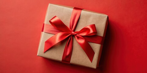 A simple brown gift box adorned with a vibrant red satin ribbon, a classic and timeless symbol of celebration and love.