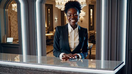 African woman in business attire welcoming at luxurious reception desk