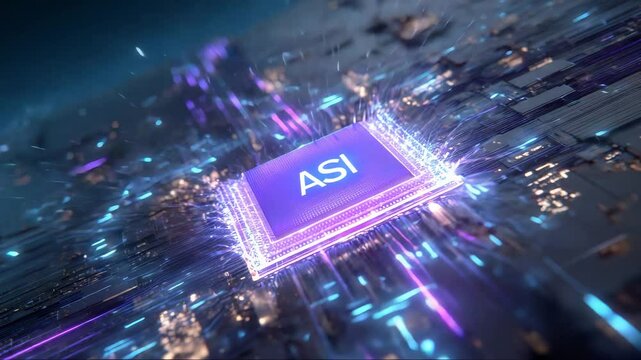 Artificial Superintelligence (ASI) glowing chip on motherboard, futuristic data flow around microprocessor, digital intelligence core concept, advanced technology animation