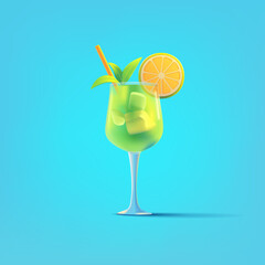 3D refreshing cool cocktail with orange and mint on blue background. For summer drinks, hunger, relaxation, and vacation concepts. Vector illustration.