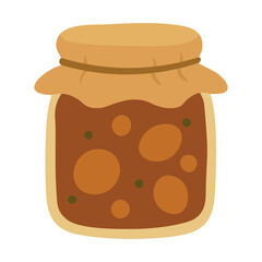 Flat vector illustration of a glass jar with homemade vegetable preserve, rustic harvest food design.