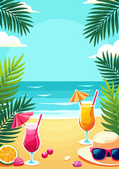 Tropical summer A4 card template with beach elements, palm leaves, sunglasses, and vibrant flat vector design (4)