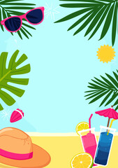 Tropical summer A4 card template with beach elements, palm leaves, sunglasses, and vibrant flat vector design (5)