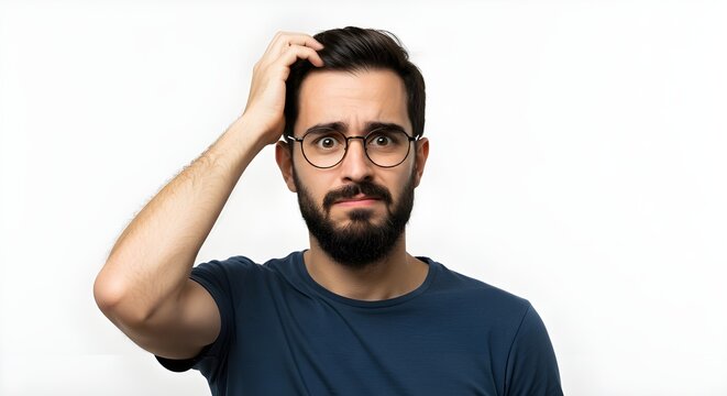 Portrait of confused man with hand on head wearing trendy round glasses on white background