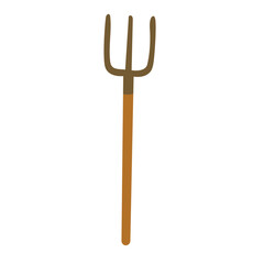 Simple cartoon pitchfork with long wooden handle, isolated vector tool for garden design.