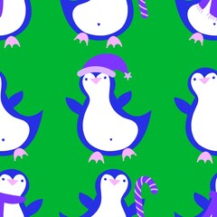 Obraz premium Christmas animals seamless penguin pattern for wrapping paper and fabrics